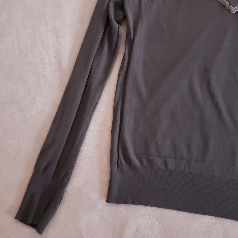 BACCA DA SILVA Gray Modal Blend V-Neck Velvet Trim Sweater